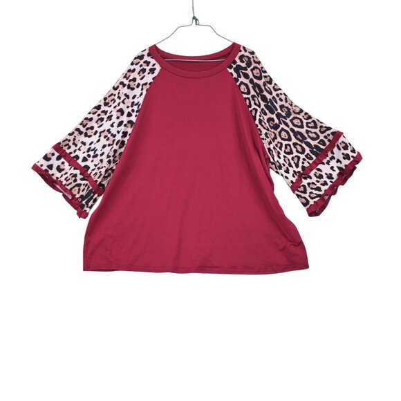 Women’s Red Leopard Print Bell Sleeve Top 5XL 100% Polyester Loose Fit - Picture 1 of 6